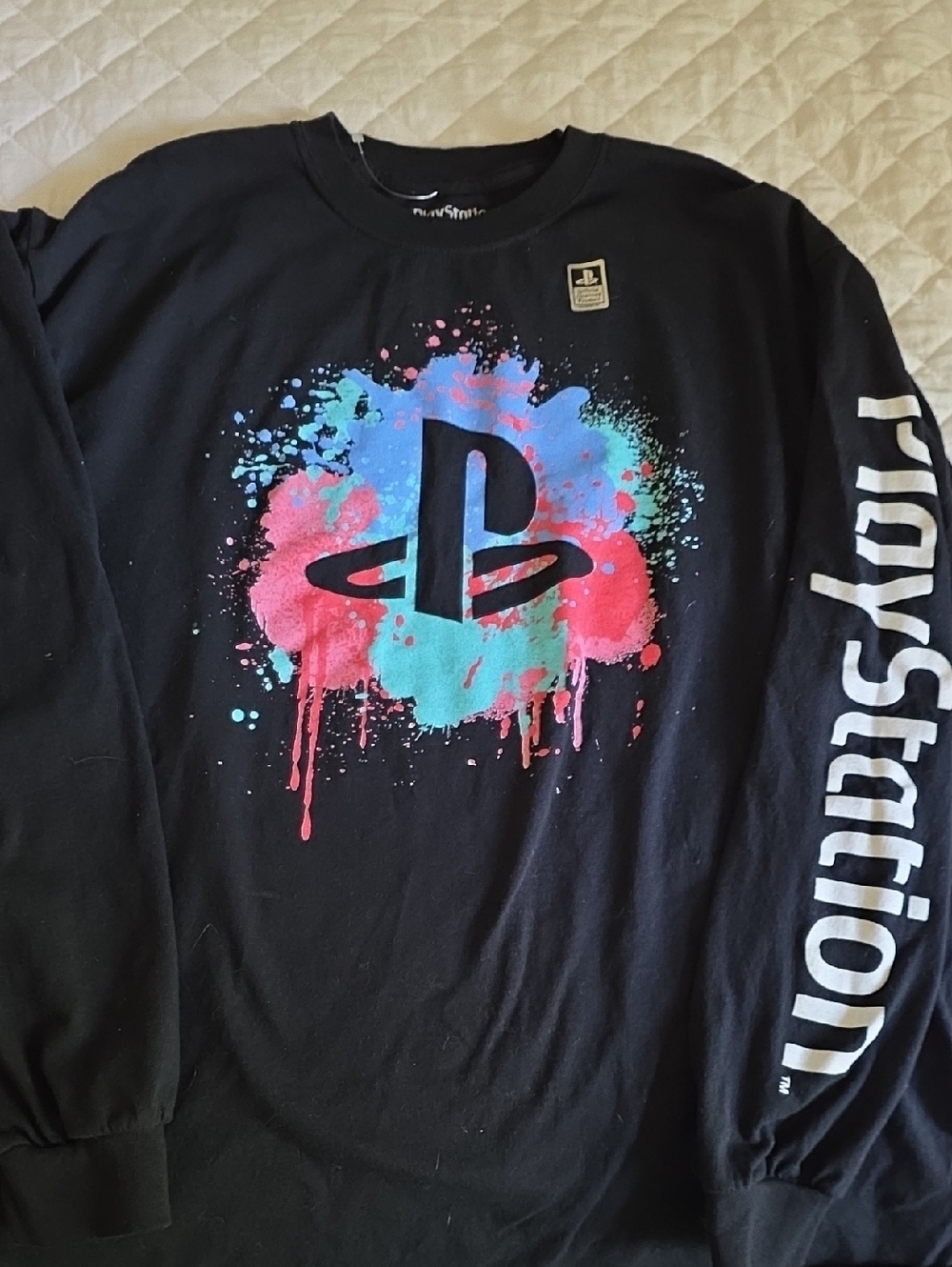 Sony Black Long Sleeve PlayStation Tee with Blue & Pink Graphic